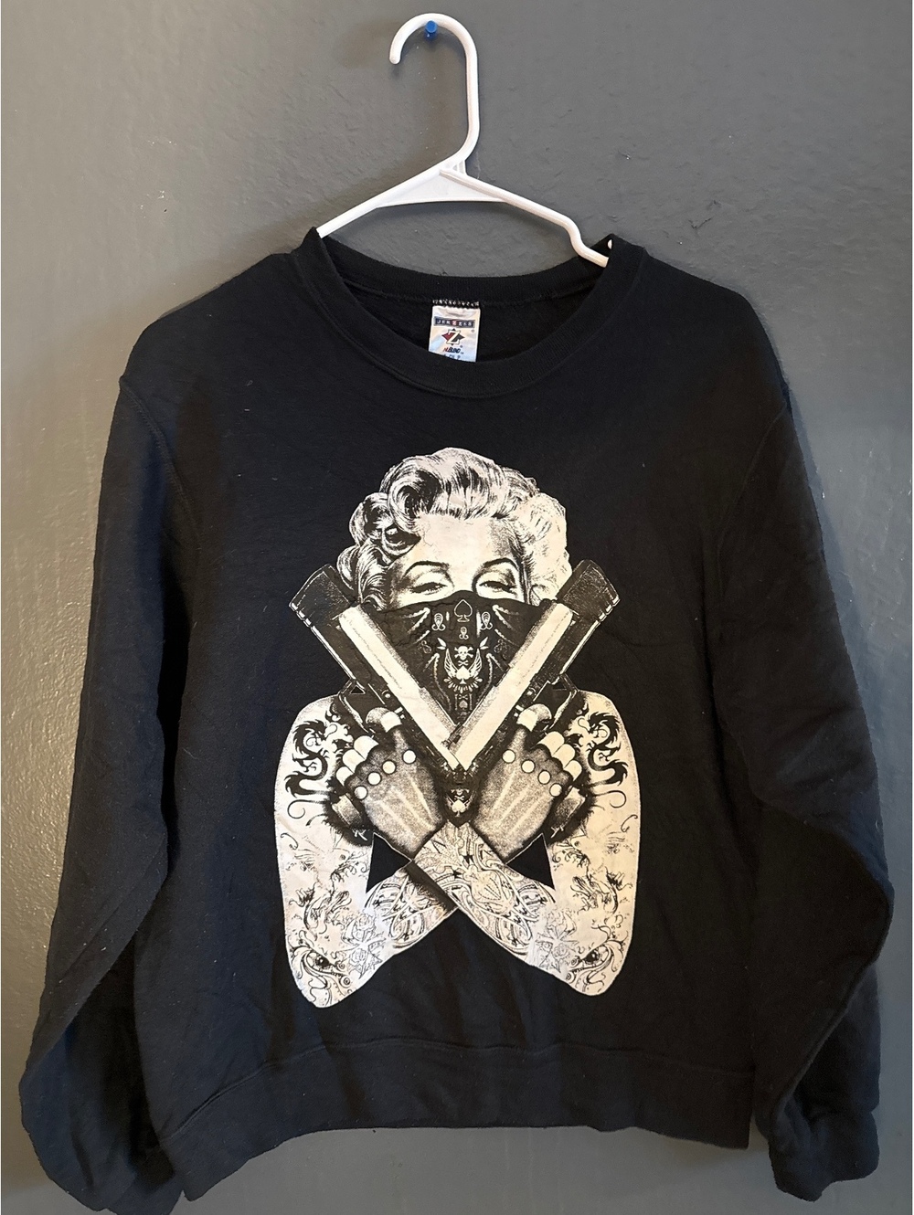 Jerzees Black Graphic Sweatshirt with Tattooed Woman and Guns Design